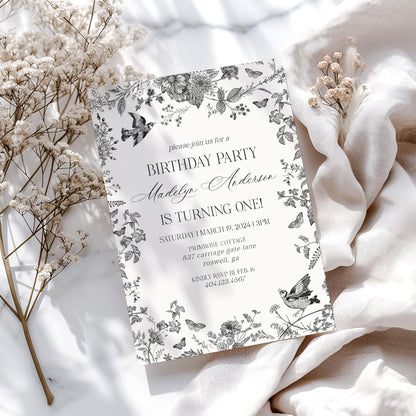 Black Toile de Jouy Birthday Invitation Printable Template, Black Chinoiserie Birthday Party Decor, Wildflower Toile Pattern Invite WP1069
