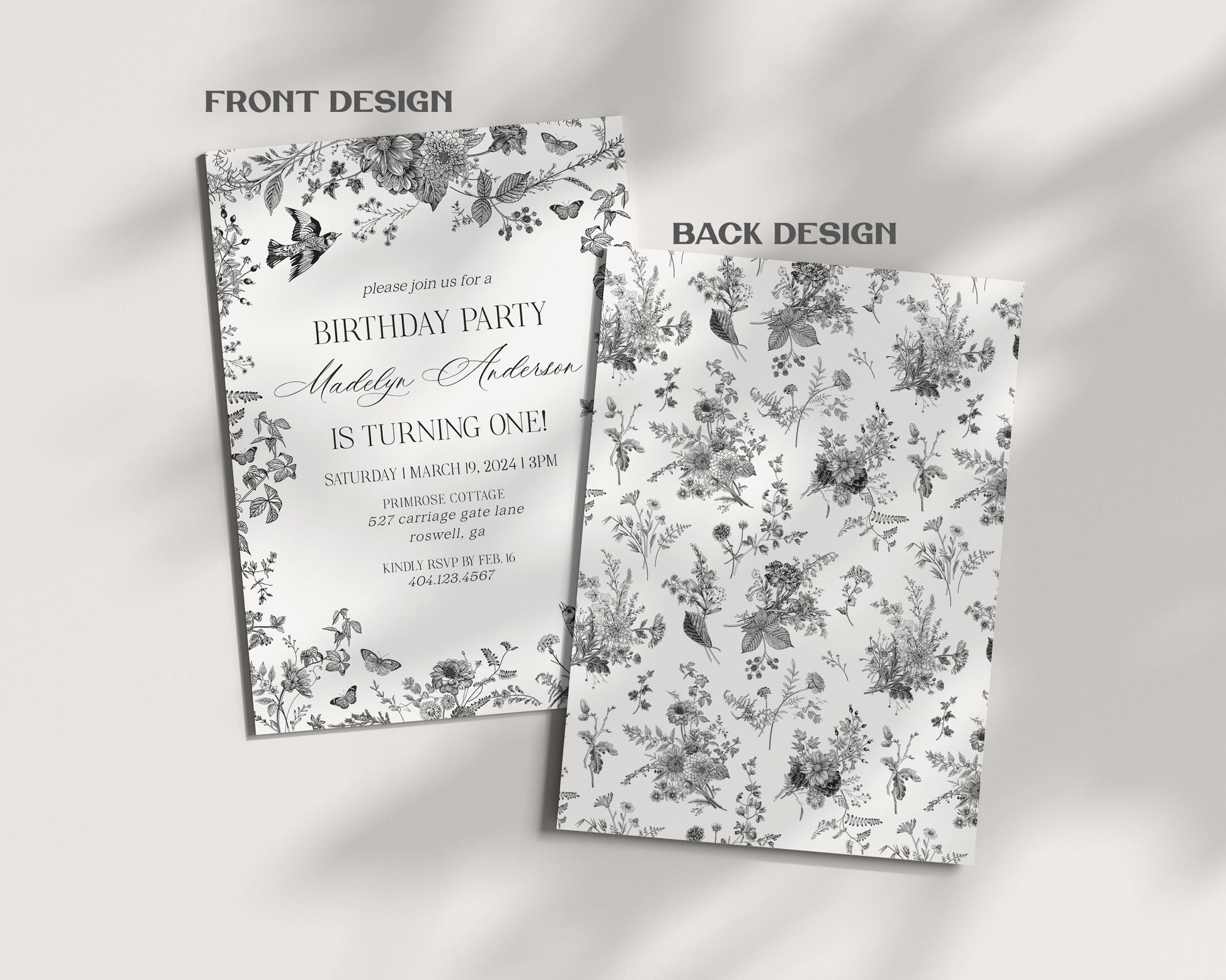 Black Toile de Jouy Birthday Invitation Printable Template, Black Chinoiserie Birthday Party Decor, Wildflower Toile Pattern Invite WP1069