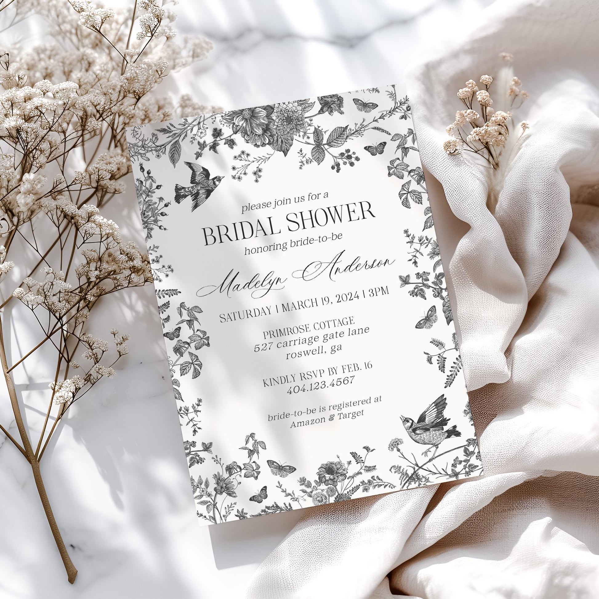 Black Toile De Jouy Bridal Shower Invitation Bundle Printable Template, Black Chinoiserie Wedding Party, Wildflower Bridal Brunch WP1069