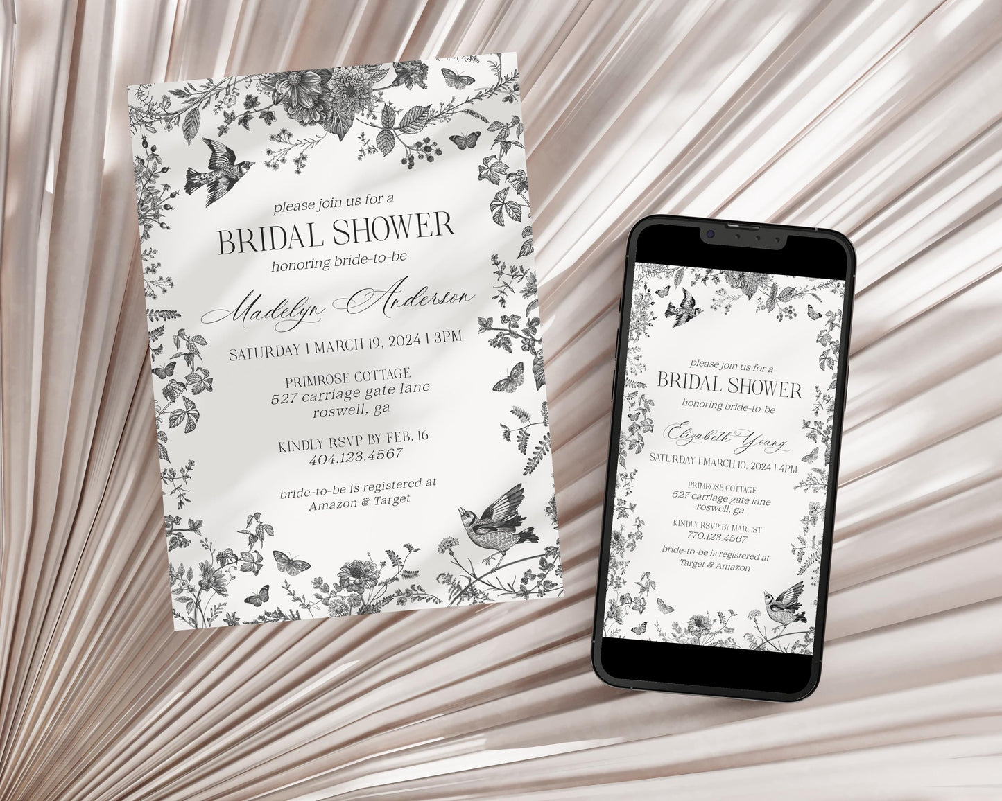Black Toile De Jouy Bridal Shower Invitation Bundle Printable Template, Black Chinoiserie Wedding Party, Wildflower Bridal Brunch WP1069
