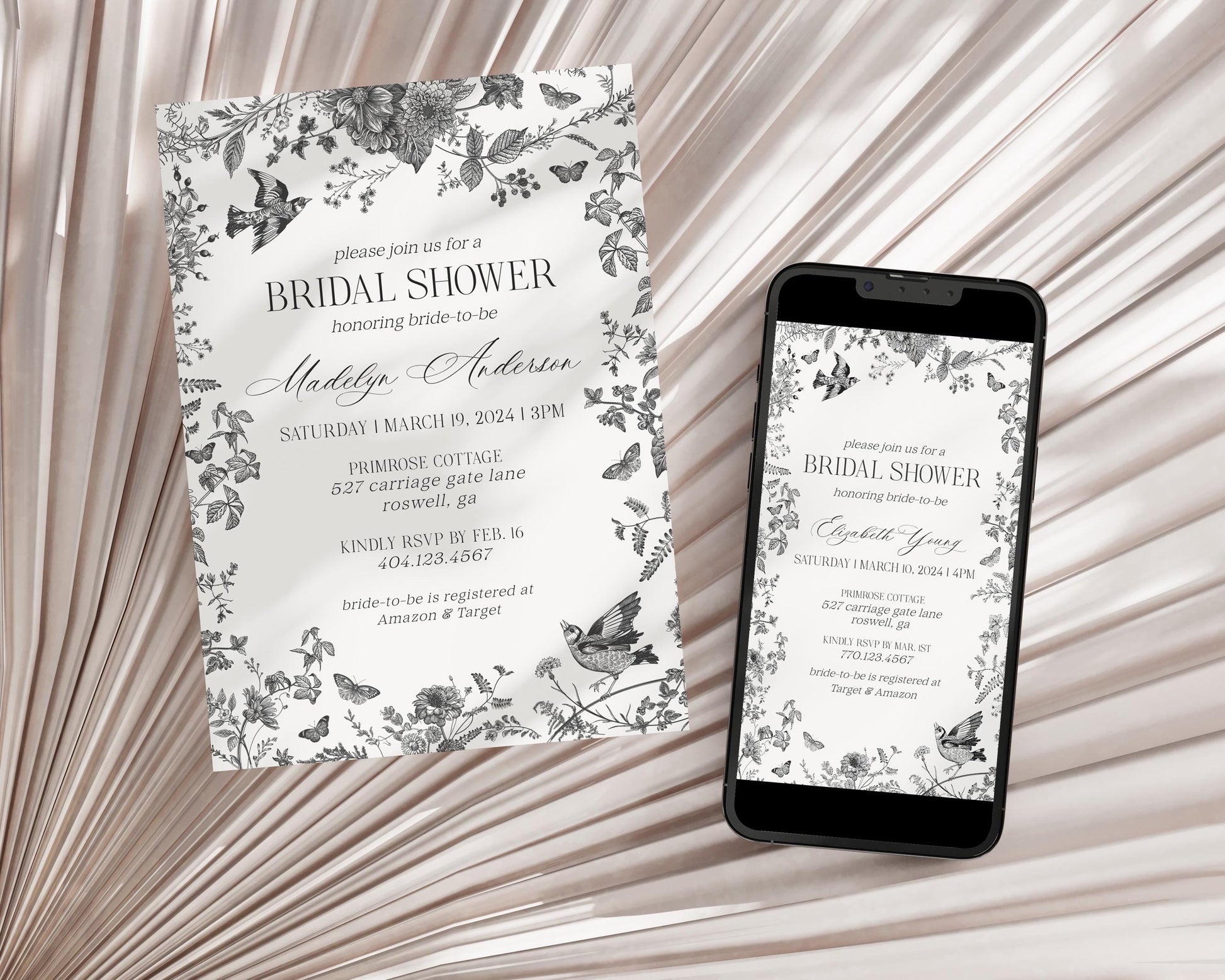 Black Toile De Jouy Bridal Shower Invitation Bundle Printable Template, Black Chinoiserie Wedding Party, Wildflower Bridal Brunch WP1069