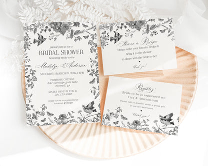 Black Toile De Jouy Bridal Shower Invitation Bundle Printable Template, Black Chinoiserie Wedding Party, Wildflower Bridal Brunch WP1069