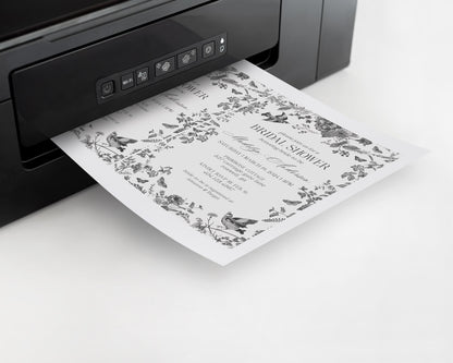 Black Toile De Jouy Bridal Shower Invitation Bundle Printable Template, Black Chinoiserie Wedding Party, Wildflower Bridal Brunch WP1069