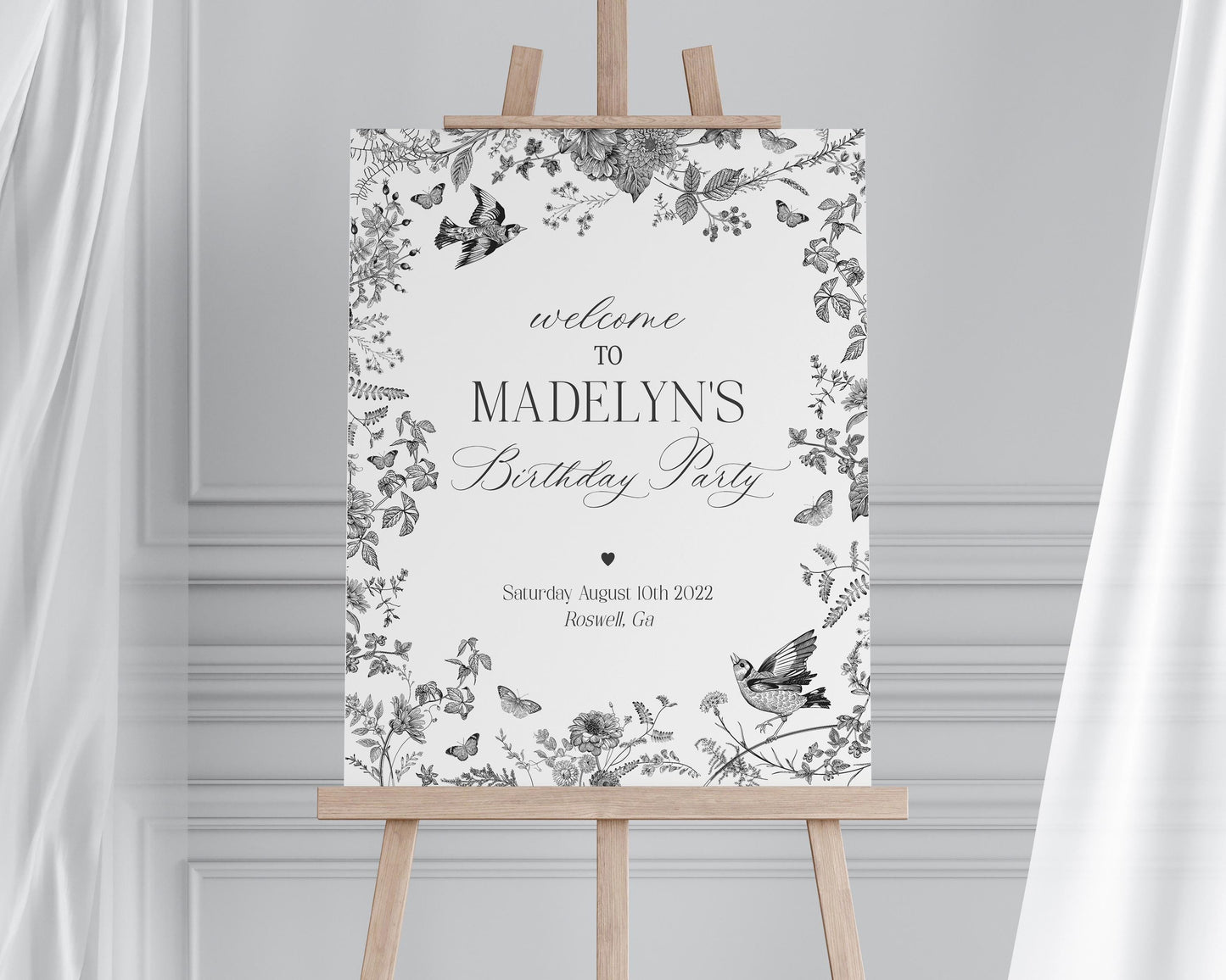 Black Toile De Jouy Birthday Welcome Sign Printable Template, Black Chinoiserie Birthday Party Decor, Wildflower Toile Decorations WP1069