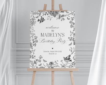 Black Toile De Jouy Birthday Welcome Sign Printable Template, Black Chinoiserie Birthday Party Decor, Wildflower Toile Decorations WP1069