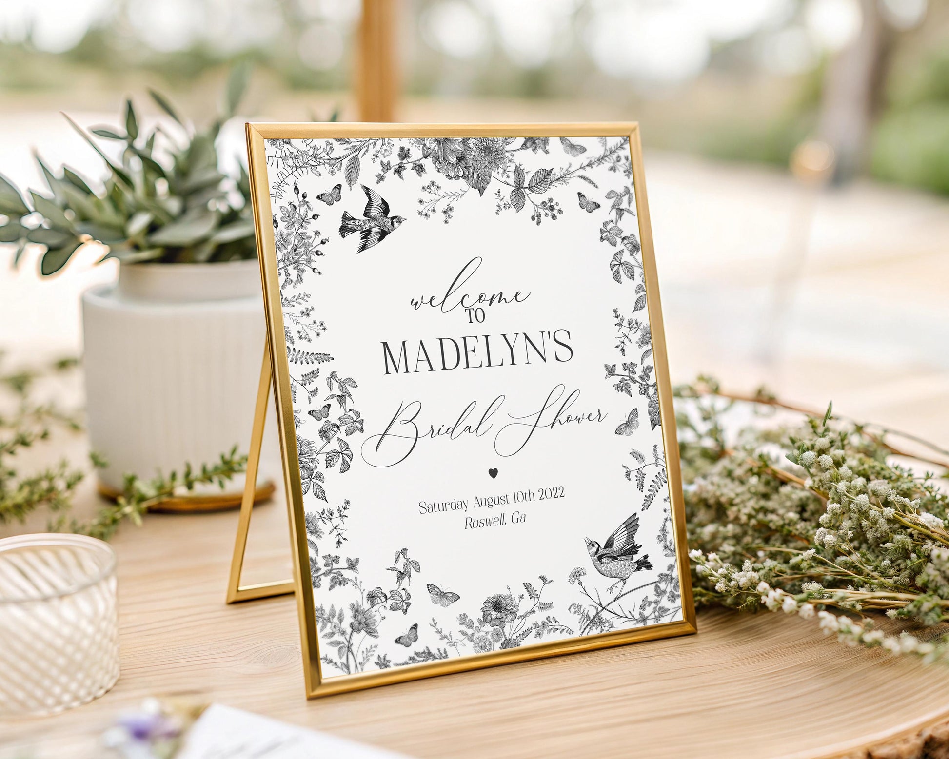 Black Toile De Jouy Bridal Shower Welcome Sign Printable Template, Black Chinoiserie French Wedding Party, Wildflower Bridal Brunch WP1069