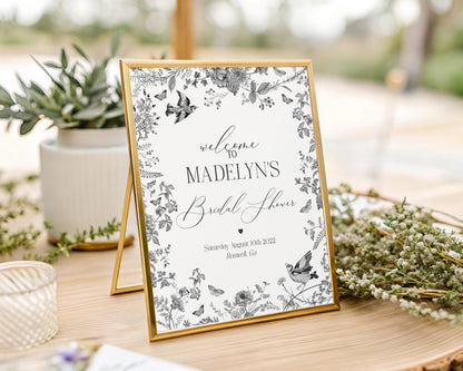 Black Toile De Jouy Bridal Shower Welcome Sign Printable Template, Black Chinoiserie French Wedding Party, Wildflower Bridal Brunch WP1069