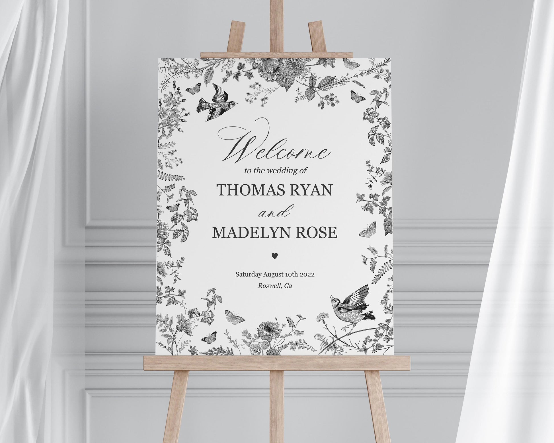 Black Toile de Jouy Wedding Welcome Sign Printable Template, Black Chinoiserie French Theme Engagement Party Sign WP1069