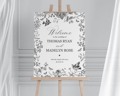 Black Toile de Jouy Wedding Welcome Sign Printable Template, Black Chinoiserie French Theme Engagement Party Sign WP1069