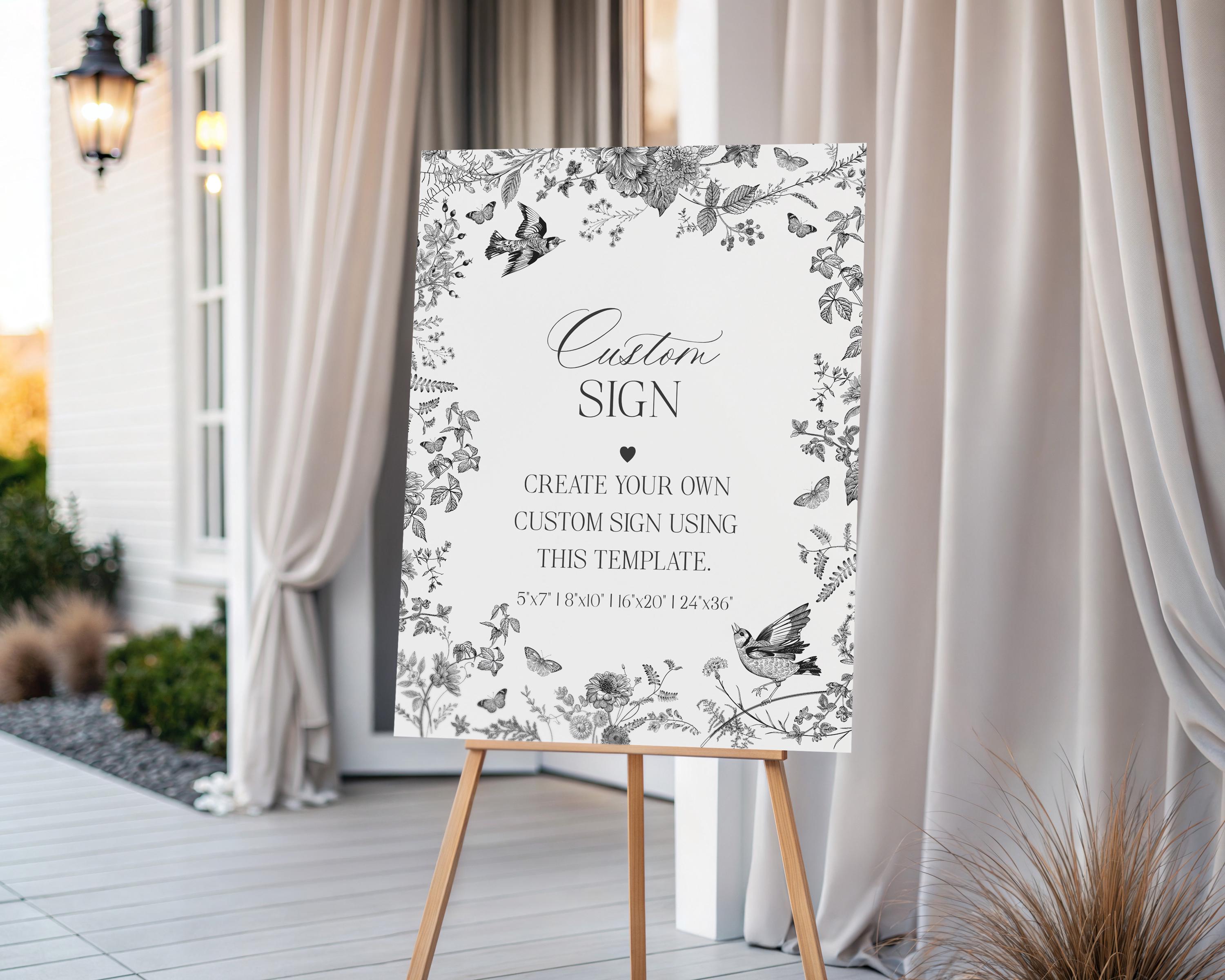 Black Toile De Jouy Custom Sign Template, Black Chinoiserie Bridal Shower, Wildflower Toile Baby Shower Sign, Toile Birthday Party WP1069