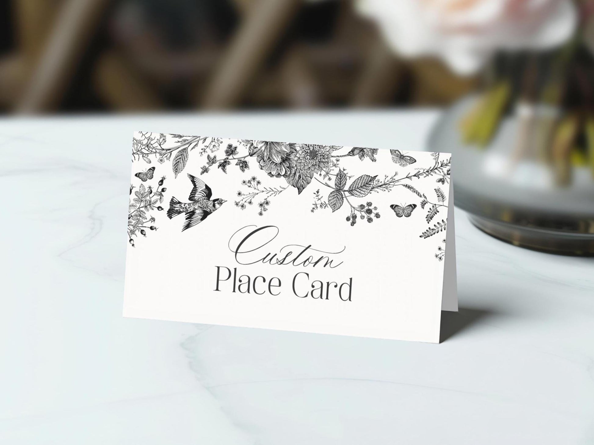 Black Toile De Jouy Place Cards Template, Black Chinoiserie Bridal Shower, Wildflower Toile Baby Shower Sign, Birthday Party WP1069