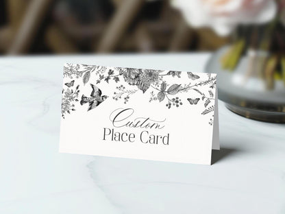 Black Toile De Jouy Place Cards Template, Black Chinoiserie Bridal Shower, Wildflower Toile Baby Shower Sign, Birthday Party WP1069