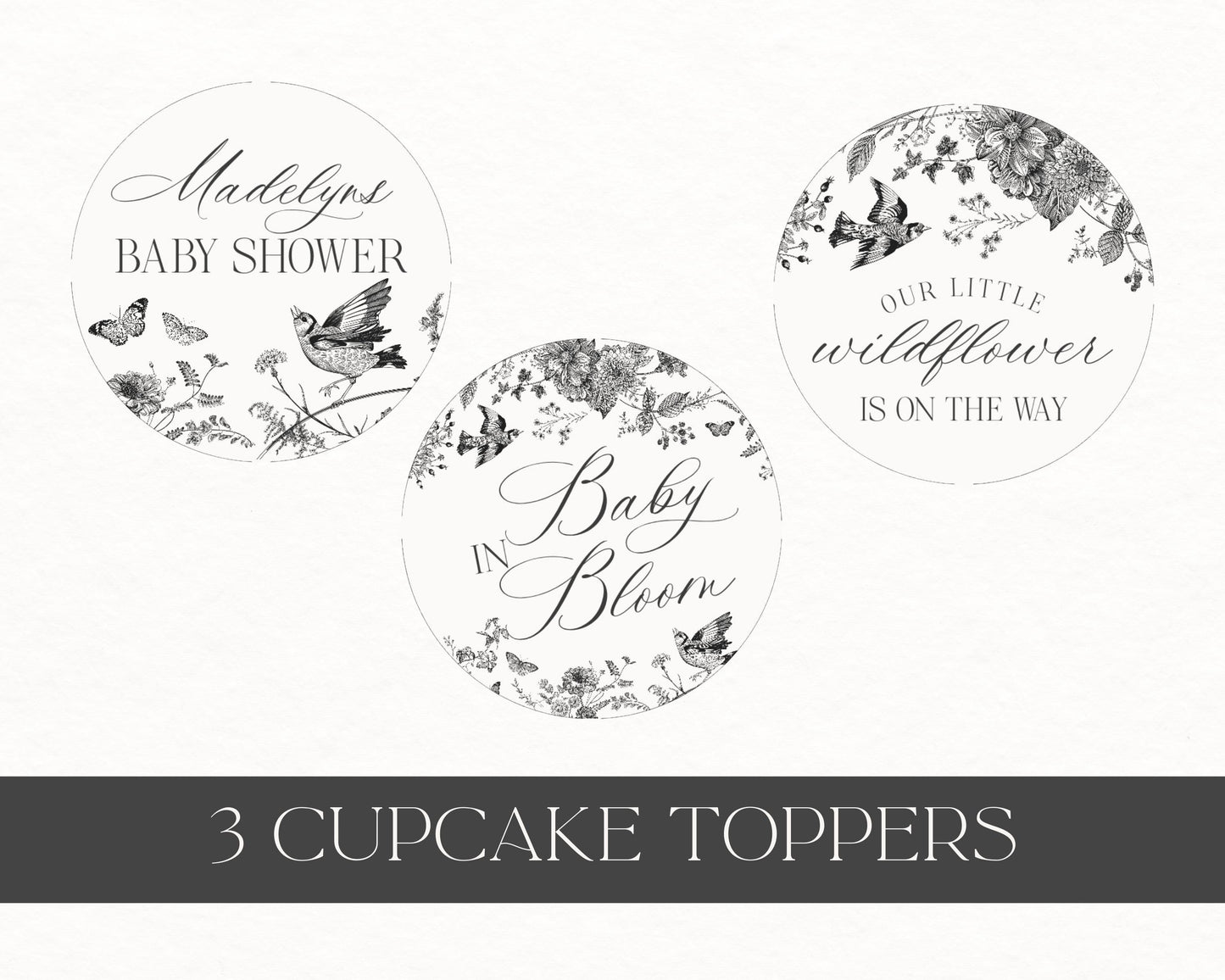 Black Toile de Jouy Baby Shower Cupcake Toppers Printable Template, Baby in Bloom Wildflower Baby Brunch, Chinoiserie Nesting Party WP1069