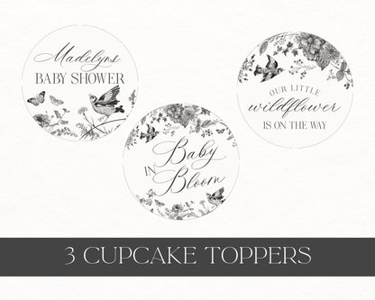 Black Toile de Jouy Baby Shower Cupcake Toppers Printable Template, Baby in Bloom Wildflower Baby Brunch, Chinoiserie Nesting Party WP1069