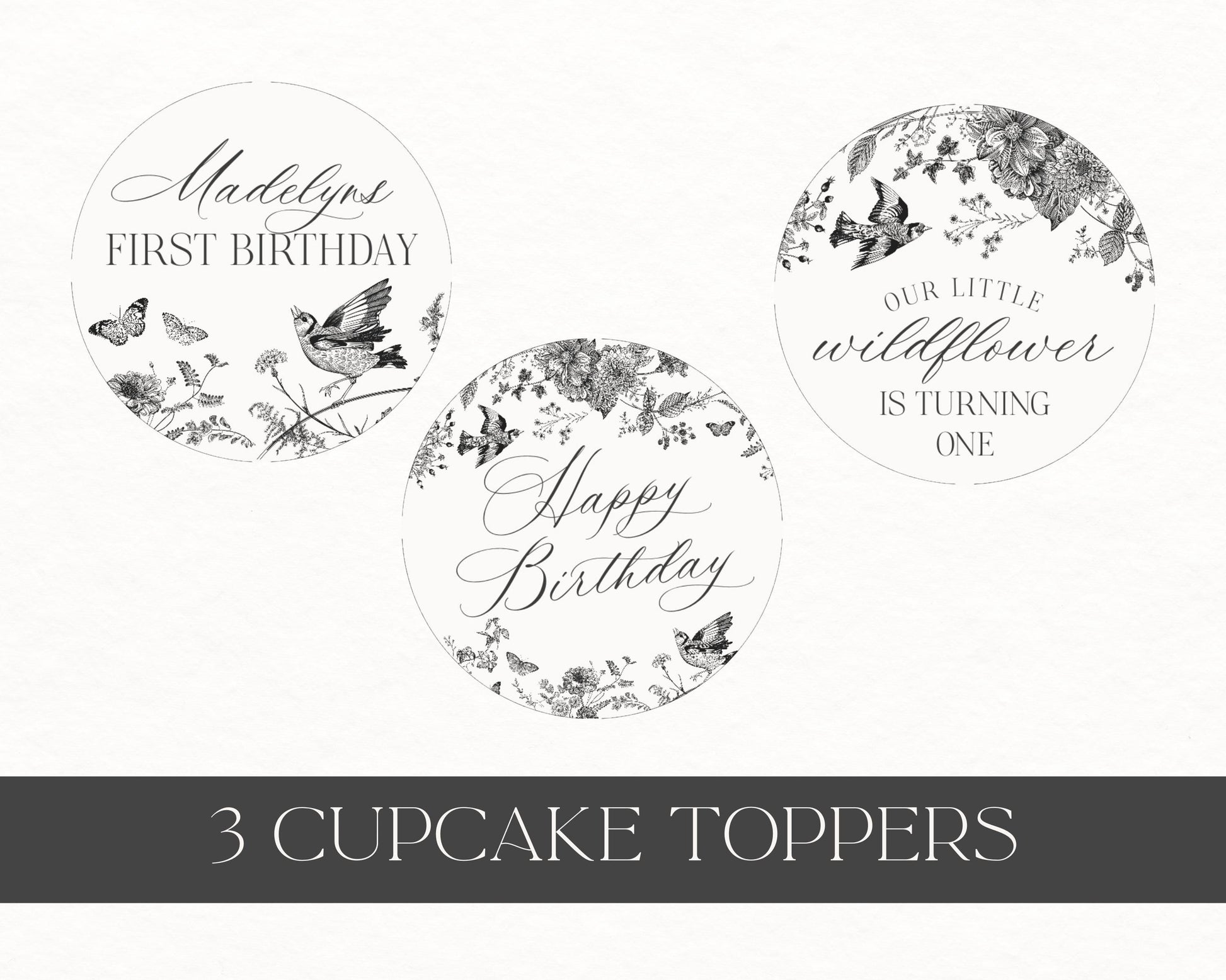 Black Toile de Jouy Birthday Cupcake Toppers Printable Template, Black Chinoiserie Birthday Party Decor, Wildflower Toile Decorations WP1069