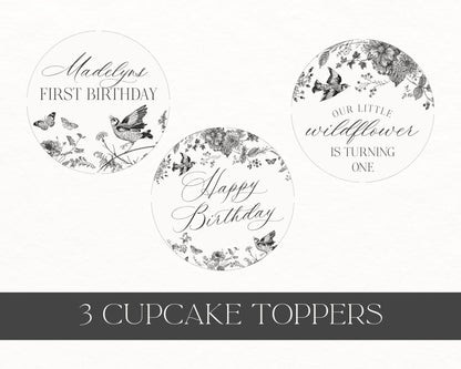 Black Toile de Jouy Birthday Cupcake Toppers Printable Template, Black Chinoiserie Birthday Party Decor, Wildflower Toile Decorations WP1069