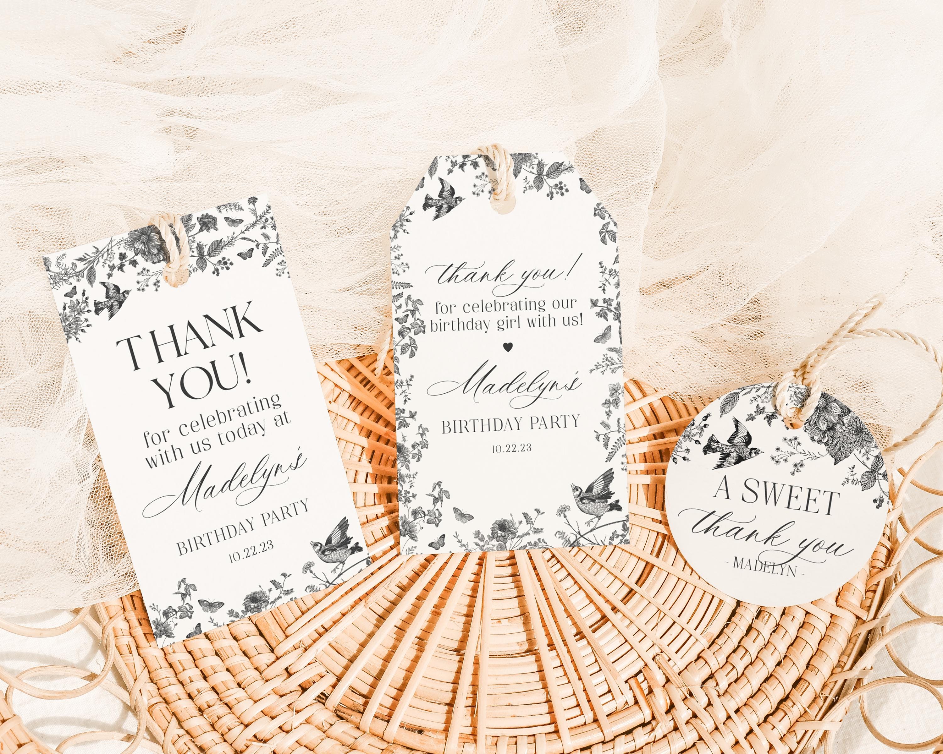 Black Toile De Jouy Birthday Favor Tags Printable Template, Black Chinoiserie Birthday Party Decor, Wildflower Toile Decorations WP1069