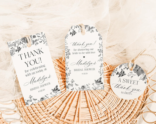 Black Toile De Jouy Bridal Shower Favor Tag Printable Template, Black Chinoiserie French Wedding Party, Wildflower Bridal Brunch WP1069
