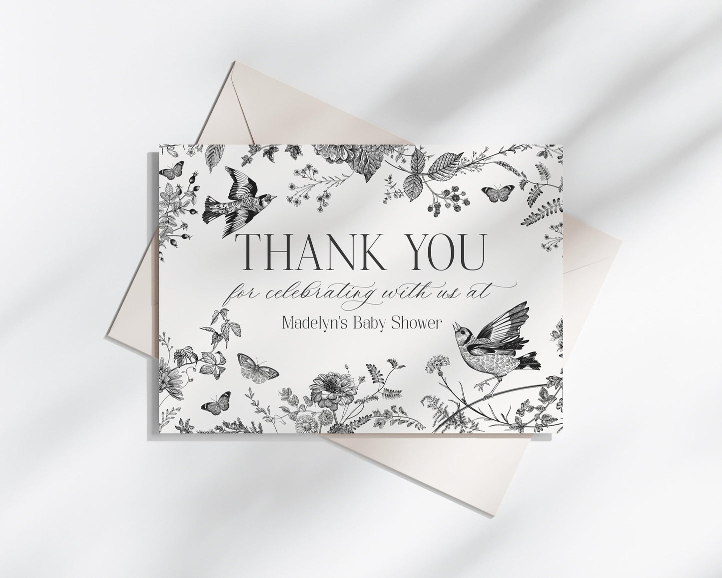 Black Toile De Jouy Thank You Card Template, Black Chinoiserie Bridal Shower, Wildflower Toile Baby Shower Sign, Birthday Party Decor WP1069