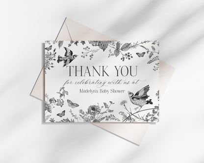 Black Toile De Jouy Thank You Card Template, Black Chinoiserie Bridal Shower, Wildflower Toile Baby Shower Sign, Birthday Party Decor WP1069