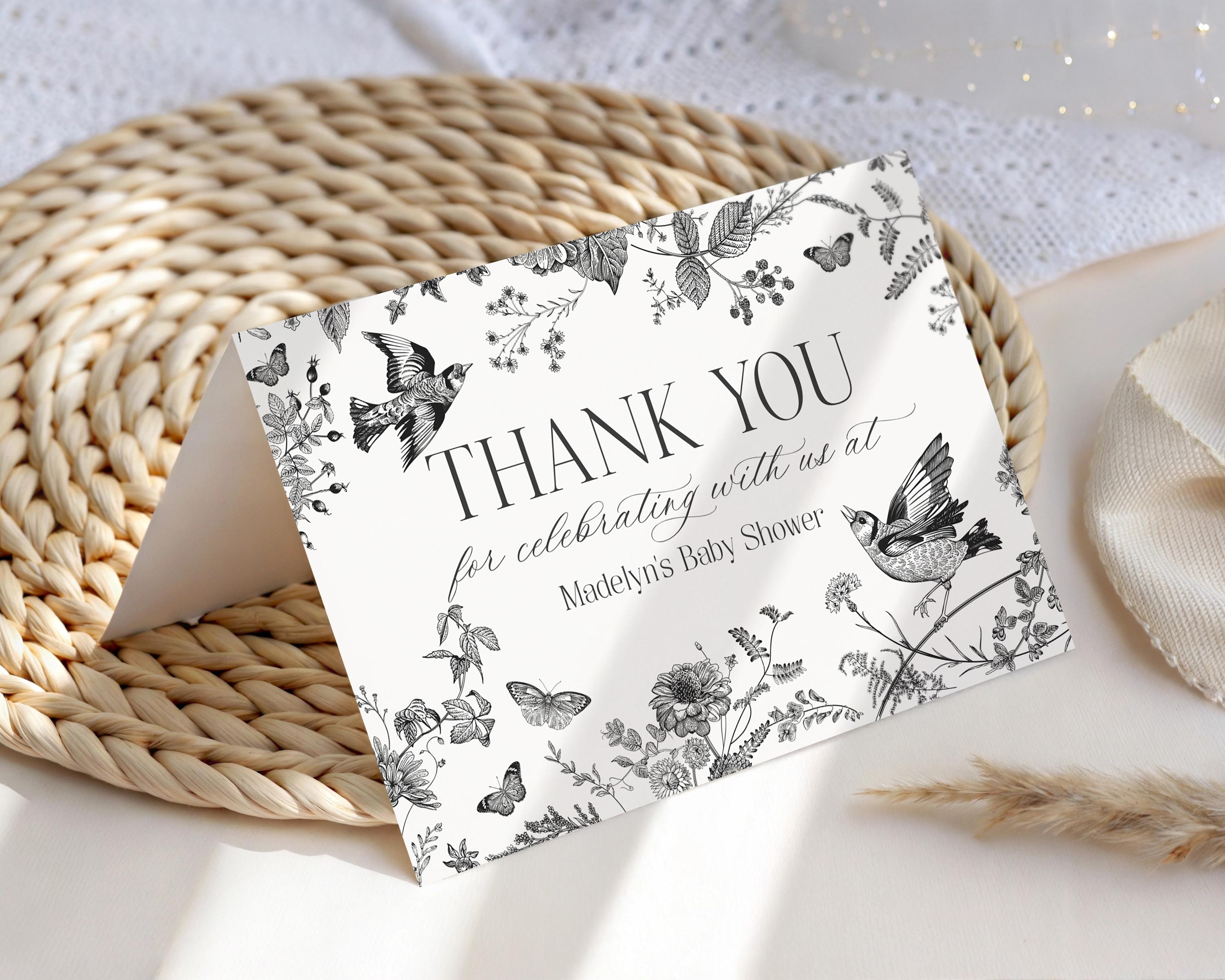 Black Toile De Jouy Thank You Card Template, Black Chinoiserie Bridal Shower, Wildflower Toile Baby Shower Sign, Birthday Party Decor WP1069