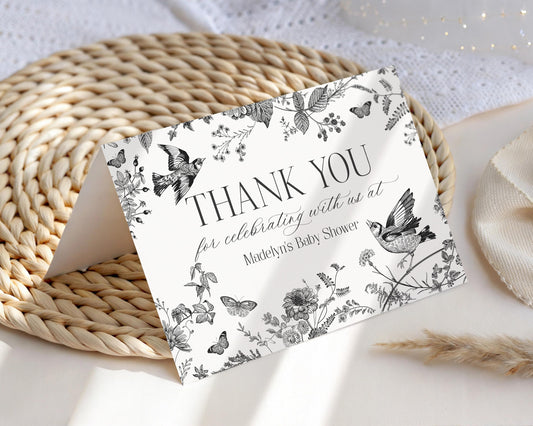 Black Toile De Jouy Thank You Card Template, Black Chinoiserie Bridal Shower, Wildflower Toile Baby Shower Sign, Birthday Party Decor WP1069