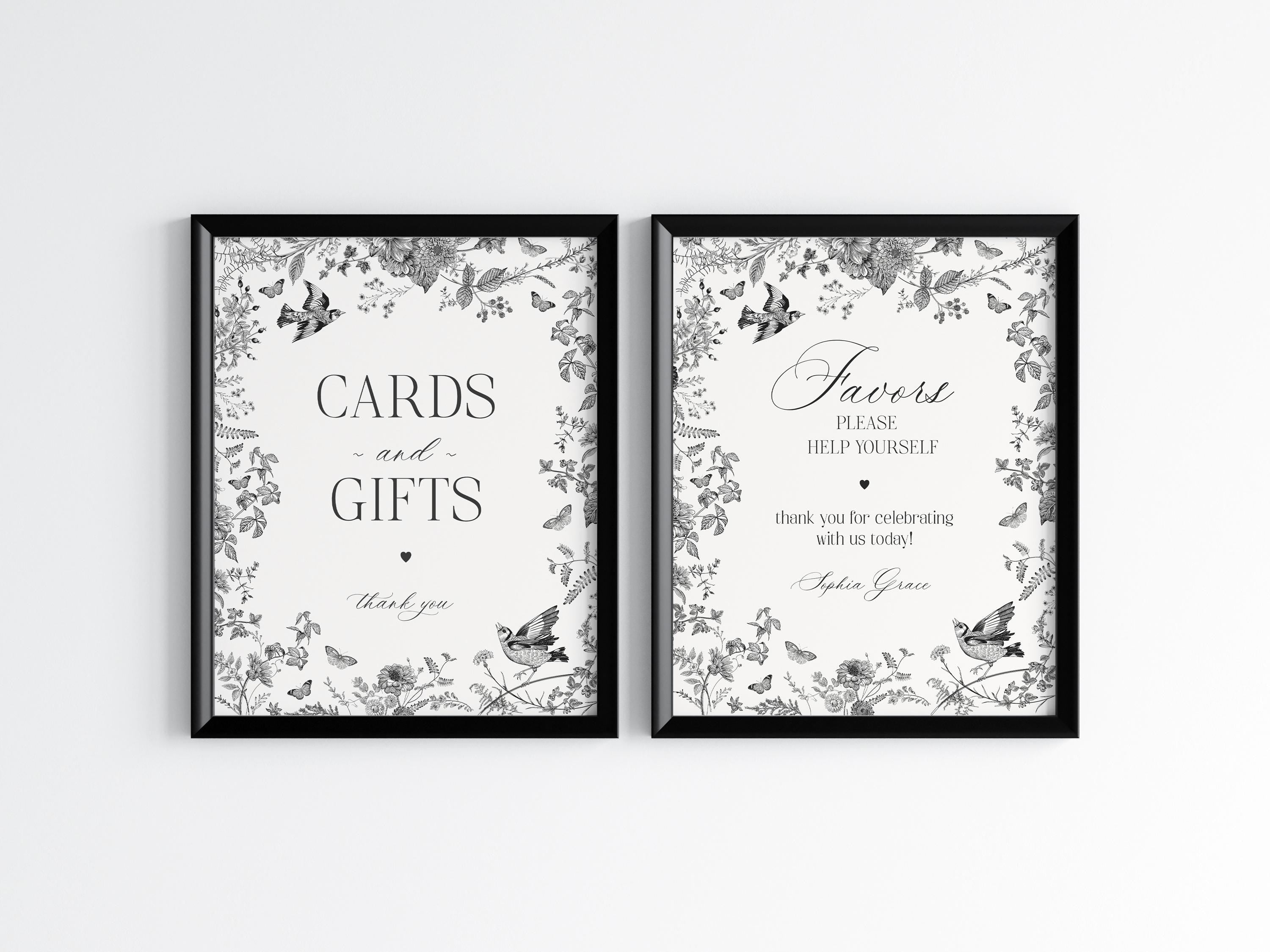 Black Toile De Jouy Cards & Gifts and Favors Sign Template,Black Chinoiserie Bridal Shower, Wildflower Baby Shower, Birthday Party WP1069
