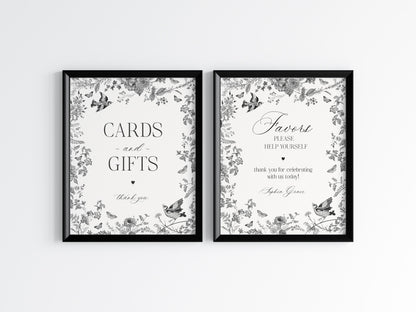 Black Toile De Jouy Cards & Gifts and Favors Sign Template,Black Chinoiserie Bridal Shower, Wildflower Baby Shower, Birthday Party WP1069