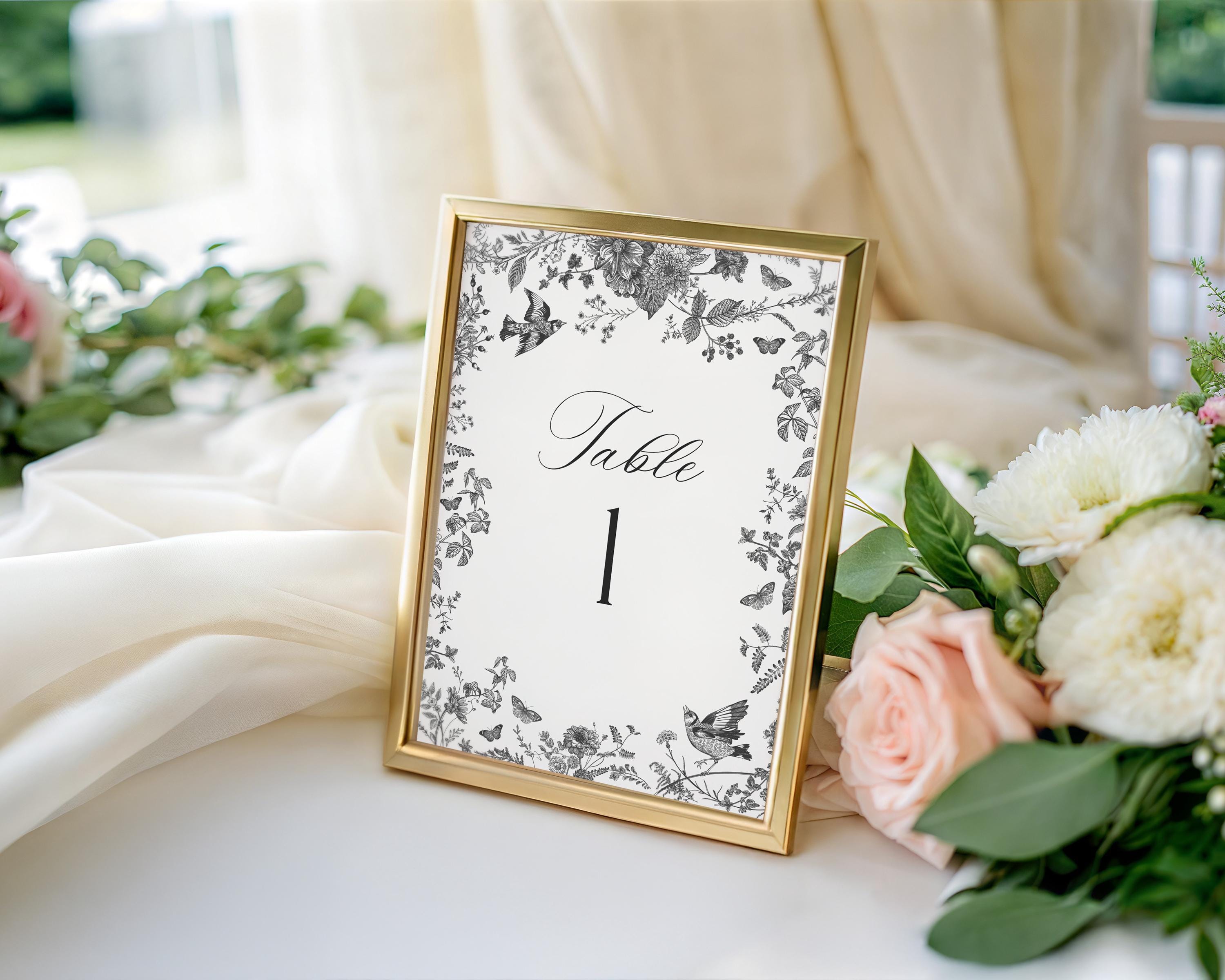 Black Toile De Jouy Table Number Cards Printable Template, Black Chinoiserie Bridal Shower, Wildflower Baby Shower, Birthday Party WP1069