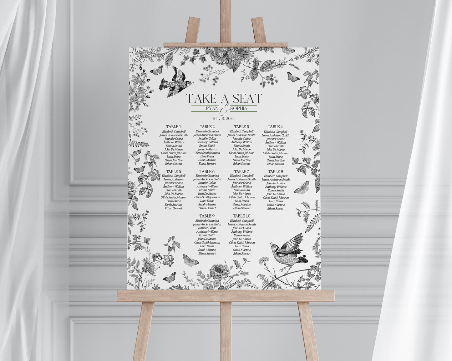 Black Toile De Jouy Wedding Seating Chart Cards Template, Black Chinoiserie Bridal Shower, Wildflower Toile Baby Shower Sign Birthday WP1069