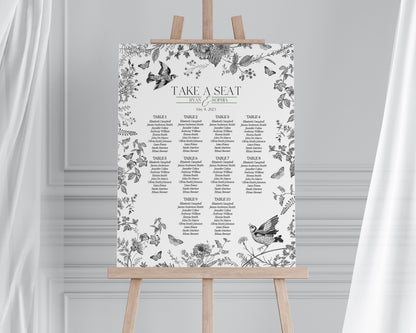 Black Toile De Jouy Wedding Seating Chart Cards Template, Black Chinoiserie Bridal Shower, Wildflower Toile Baby Shower Sign Birthday WP1069