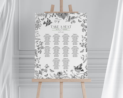 Black Toile De Jouy Wedding Seating Chart Template, Black Chinoiserie Bridal Shower, Wildflower Toile Baby Shower Sign, Birthday WP1069