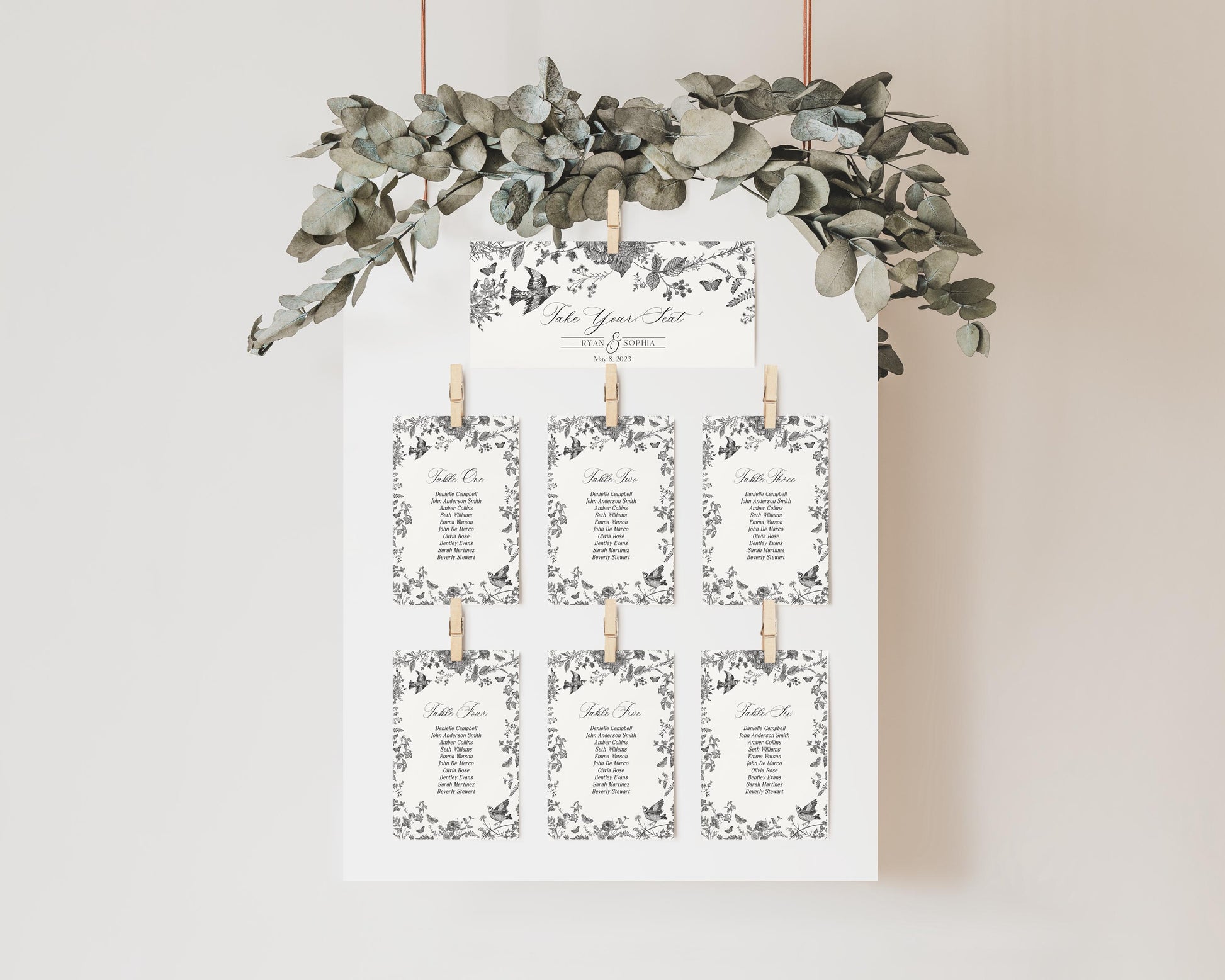 Black Toile De Jouy Wedding Seating Chart Template, Black Chinoiserie Bridal Shower, Wildflower Toile Baby Shower Sign, Birthday WP1069