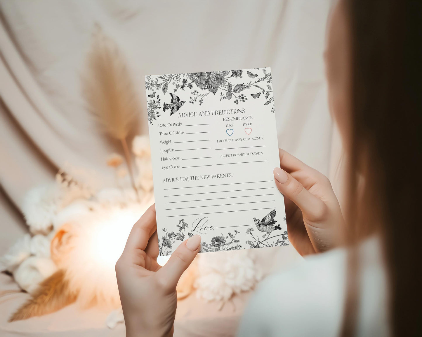 Black Toile De Jouy Advice for Baby Cards Template, Baby in Bloom Wildflower Baby Brunch, Black Chinoiserie Nesting Party Game WP1069