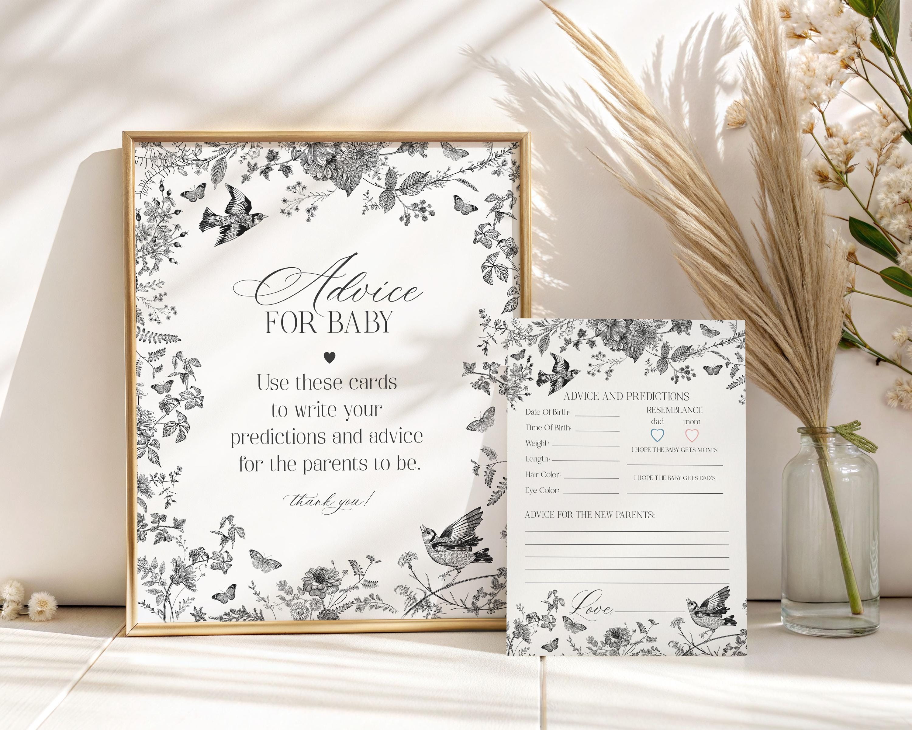 Black Toile De Jouy Advice for Baby Cards Template, Baby in Bloom Wildflower Baby Brunch, Black Chinoiserie Nesting Party Game WP1069