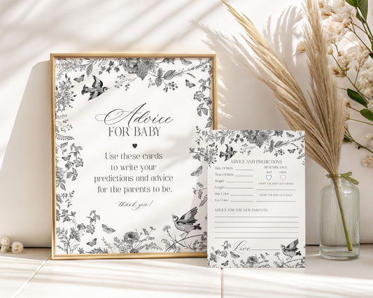 Black Toile De Jouy Advice for Baby Cards Template, Baby in Bloom Wildflower Baby Brunch, Black Chinoiserie Nesting Party Game WP1069