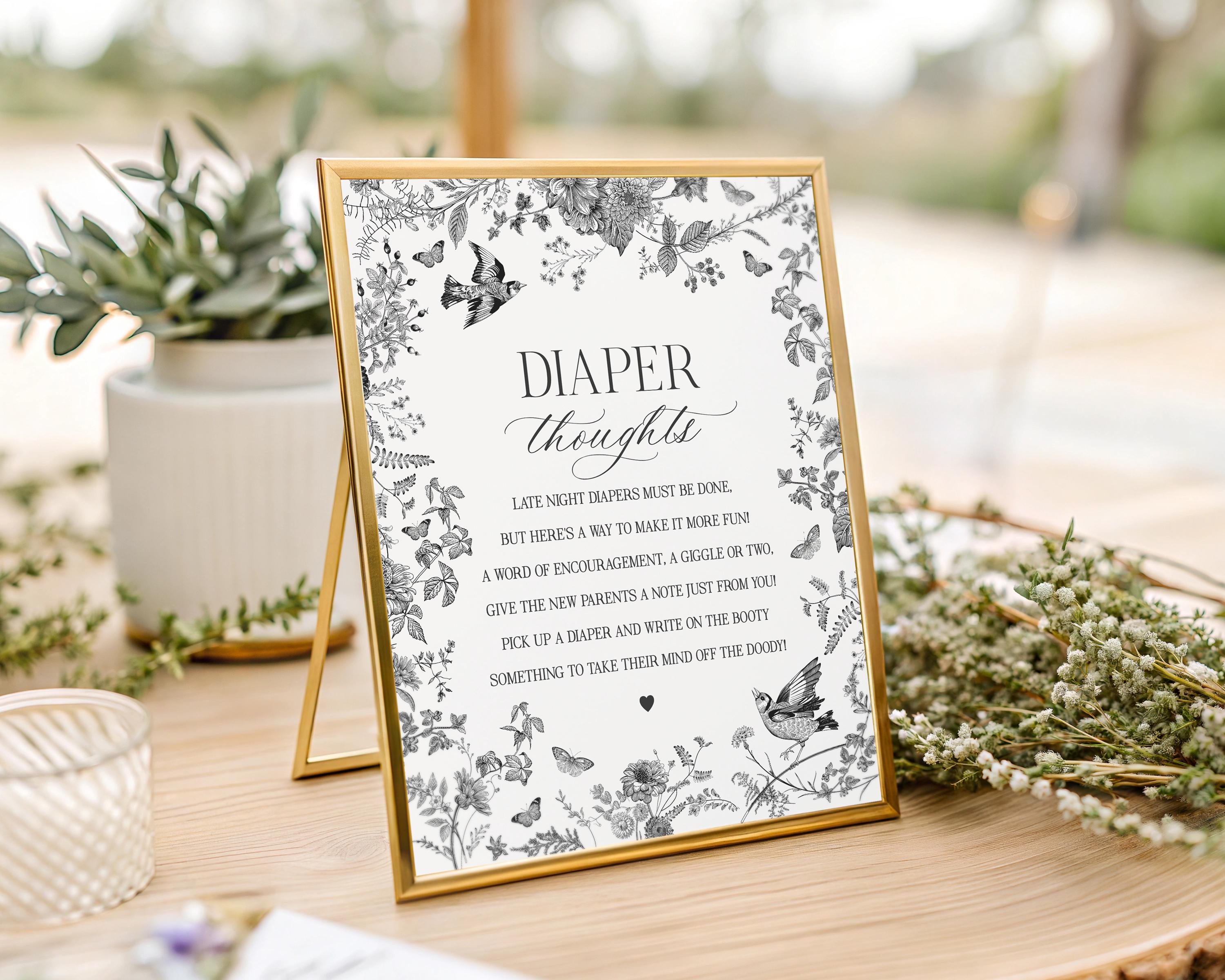 Black Toile De Jouy Baby Shower Diaper Thoughts Template, Baby in Bloom Wildflower Baby Brunch, Black Chinoiserie Nesting Party Game WP1069