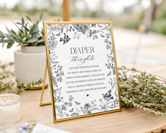 Black Toile De Jouy Baby Shower Diaper Thoughts Template, Baby in Bloom Wildflower Baby Brunch, Black Chinoiserie Nesting Party Game WP1069