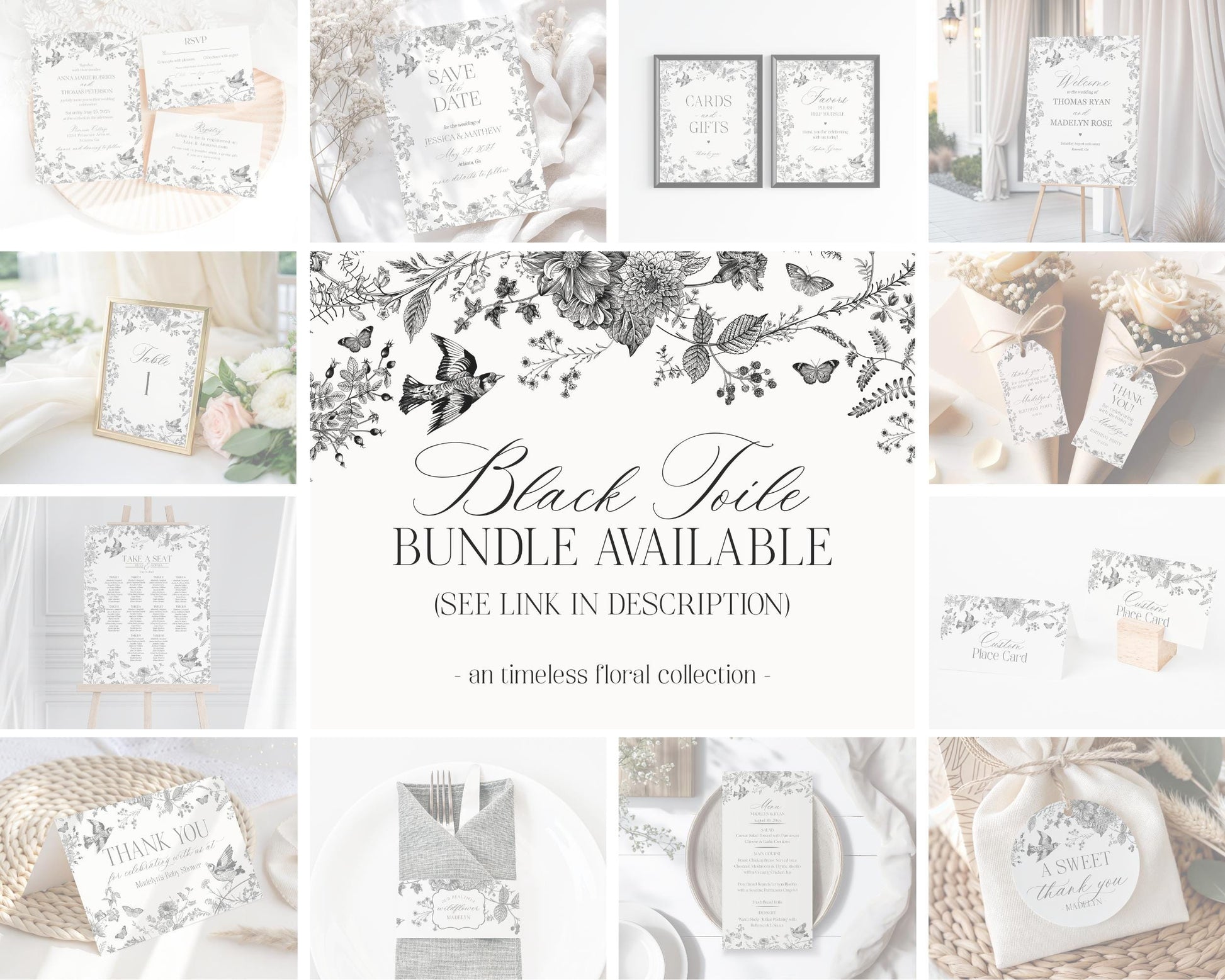 Black Toile De Jouy Baby Shower Diaper Thoughts Template, Baby in Bloom Wildflower Baby Brunch, Black Chinoiserie Nesting Party Game WP1069