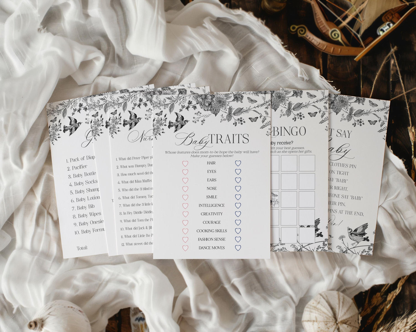 Black Toile De Jouy Baby Shower Games Set Printable Template, Baby in Bloom Wildflower Baby Brunch, Black Chinoiserie Nesting Party WP1069