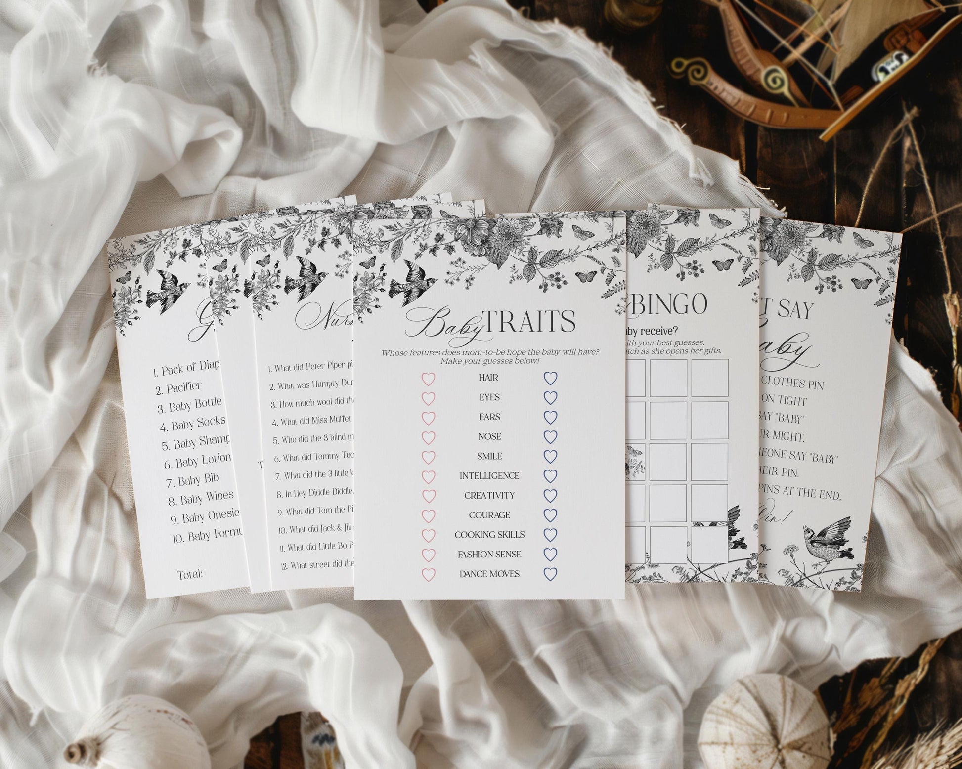 Black Toile De Jouy Baby Shower Games Set Printable Template, Baby in Bloom Wildflower Baby Brunch, Black Chinoiserie Nesting Party WP1069