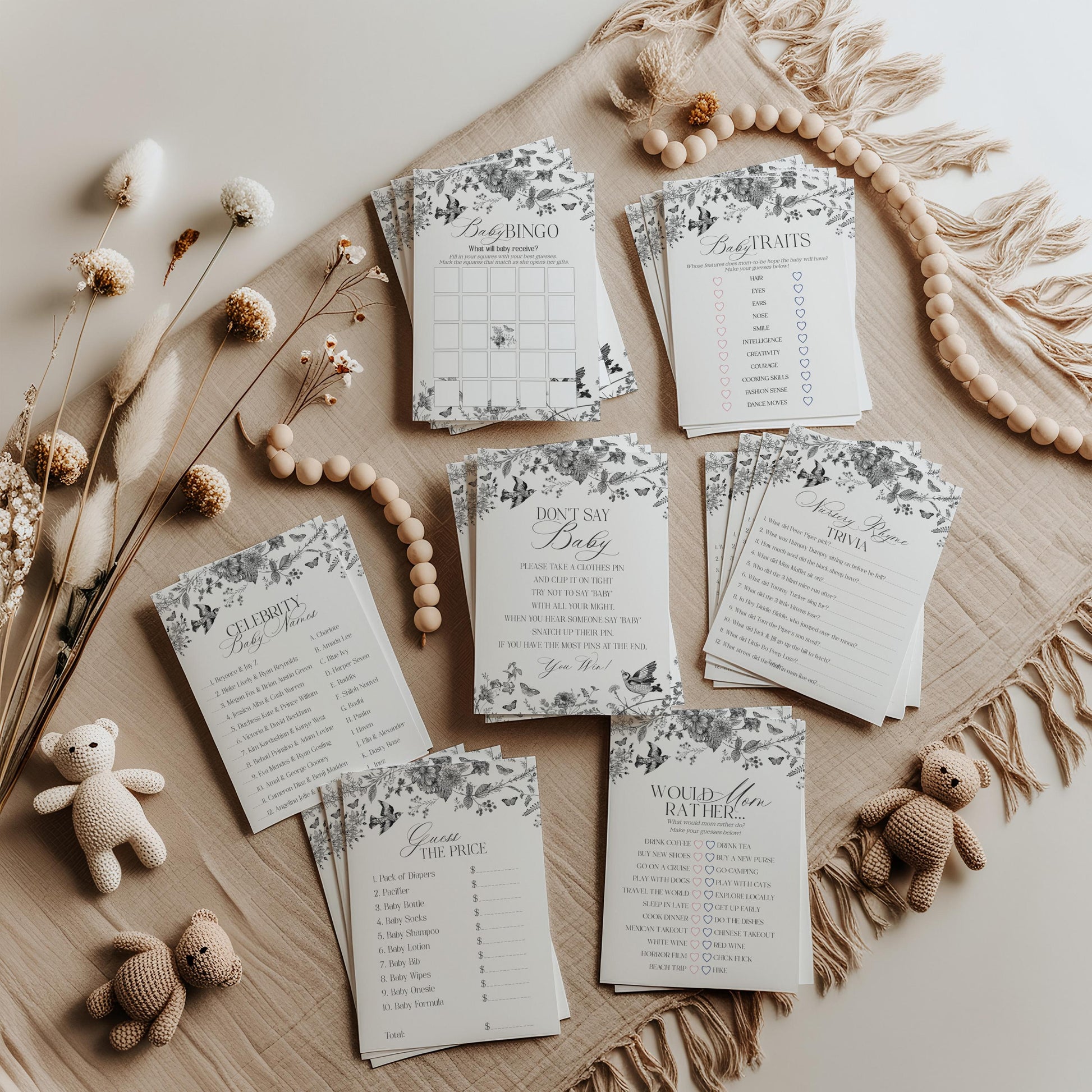 Black Toile De Jouy Baby Shower Games Set Printable Template, Baby in Bloom Wildflower Baby Brunch, Black Chinoiserie Nesting Party WP1069