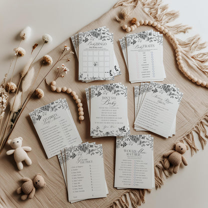 Black Toile De Jouy Baby Shower Games Set Printable Template, Baby in Bloom Wildflower Baby Brunch, Black Chinoiserie Nesting Party WP1069