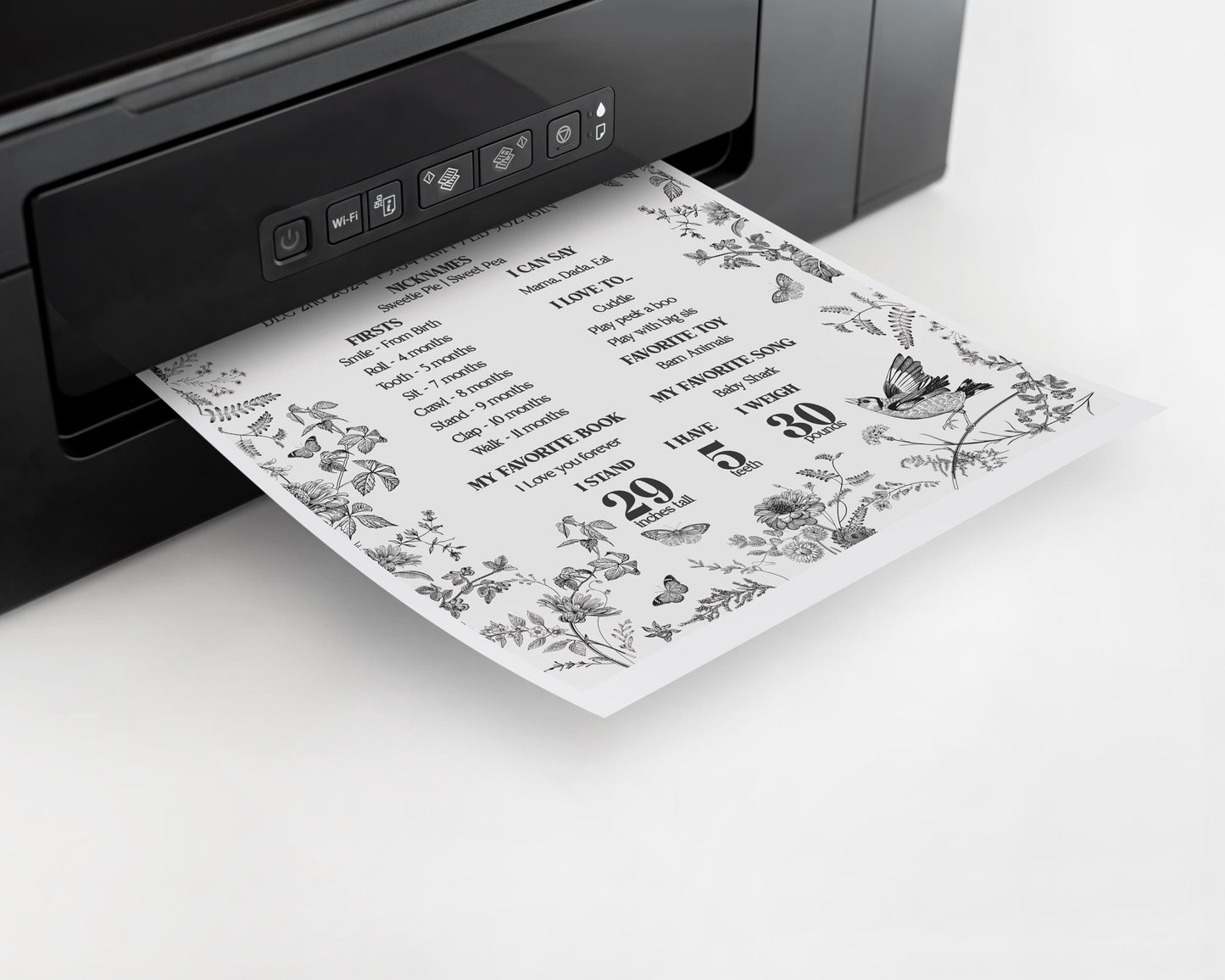 Black Toile De Jouy First Year Milestone Sign Template, Black Chinoiserie 1st Birthday Party Baby Stats Decor, Wildflower Toile WP1069