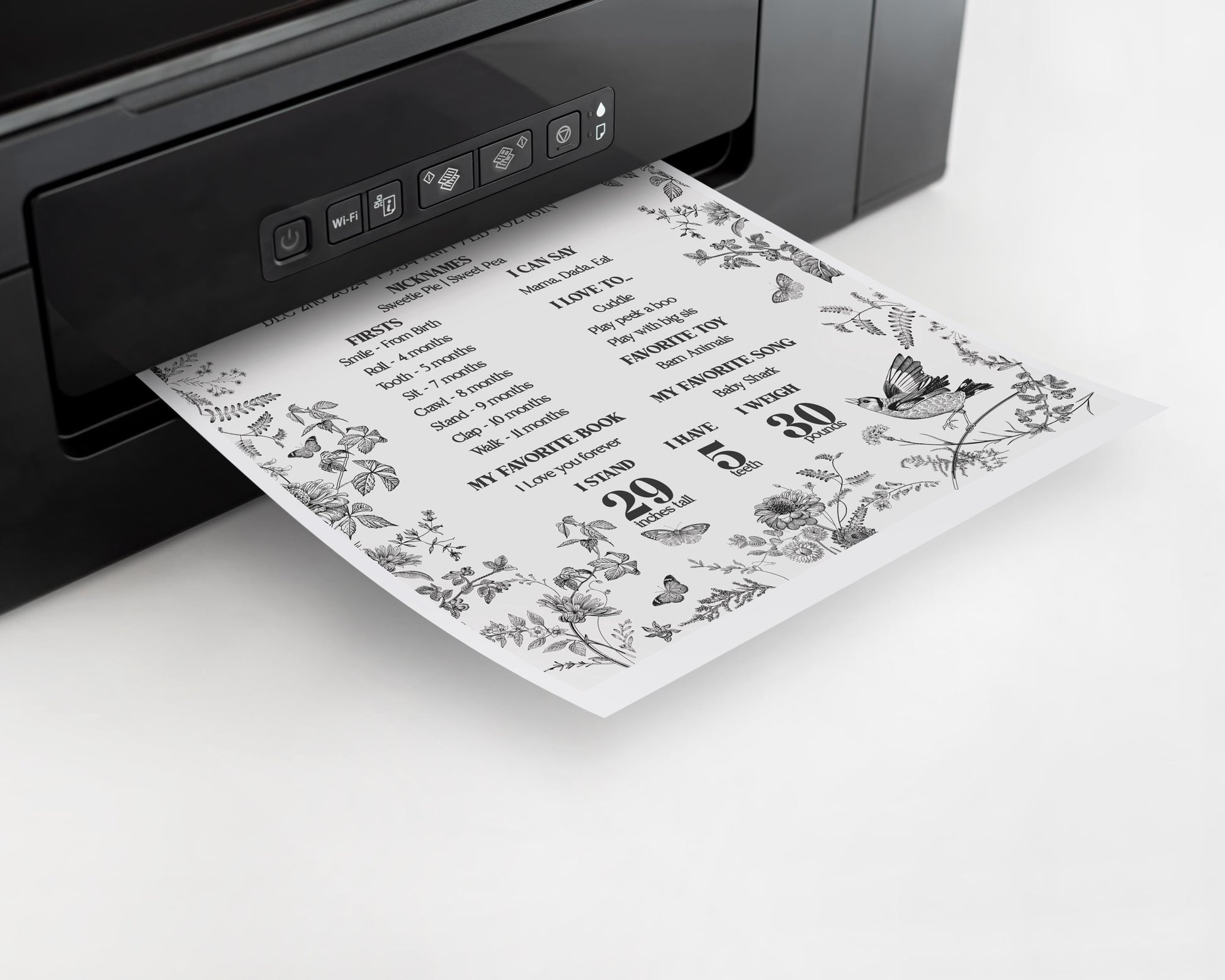 Black Toile De Jouy First Year Milestone Sign Template, Black Chinoiserie 1st Birthday Party Baby Stats Decor, Wildflower Toile WP1069