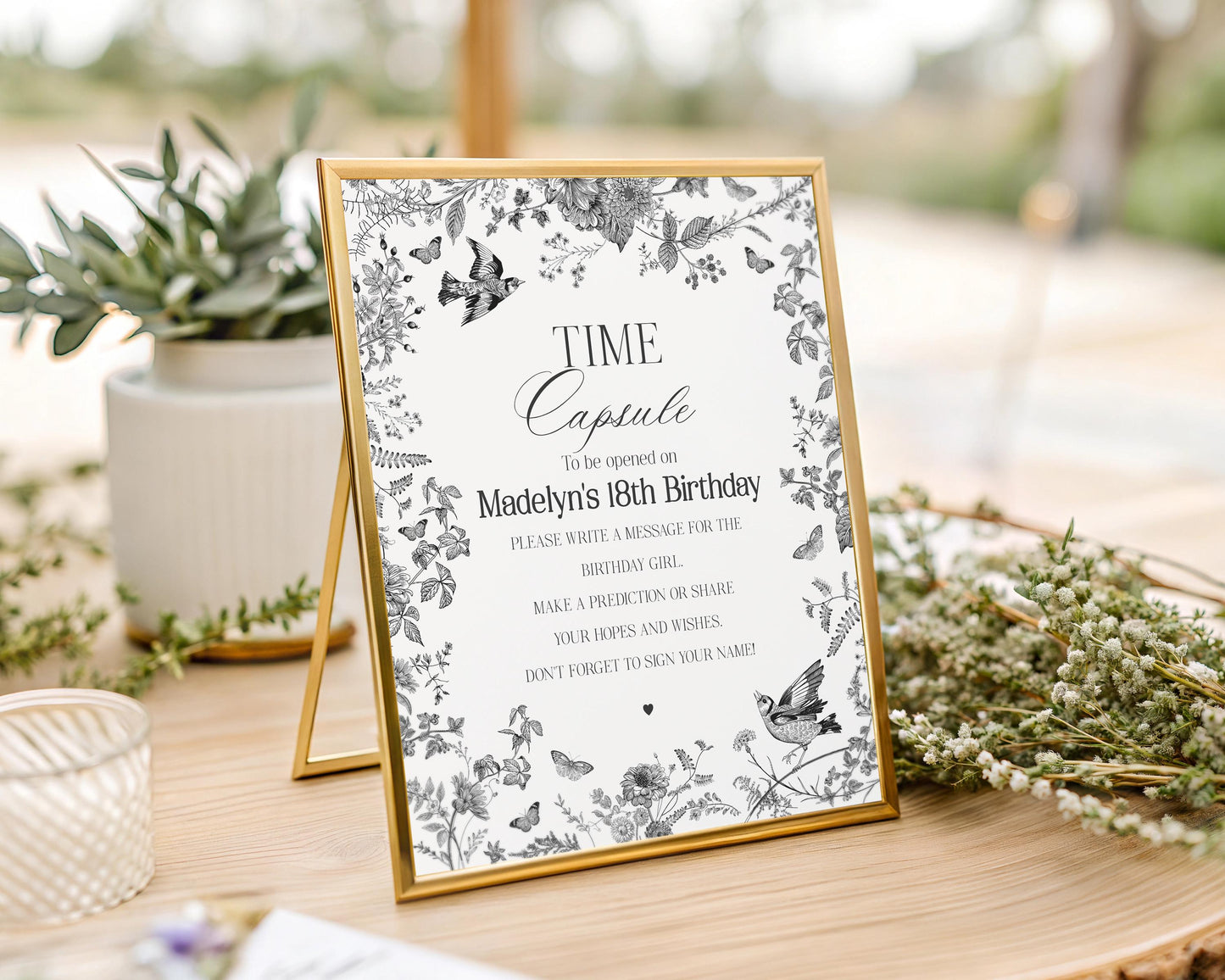 Black Toile De Jouy Time Capsule Printable Template, Black Chinoiserie First Birthday Party Decor, Wildflower Toile Birthday Memories WP1069