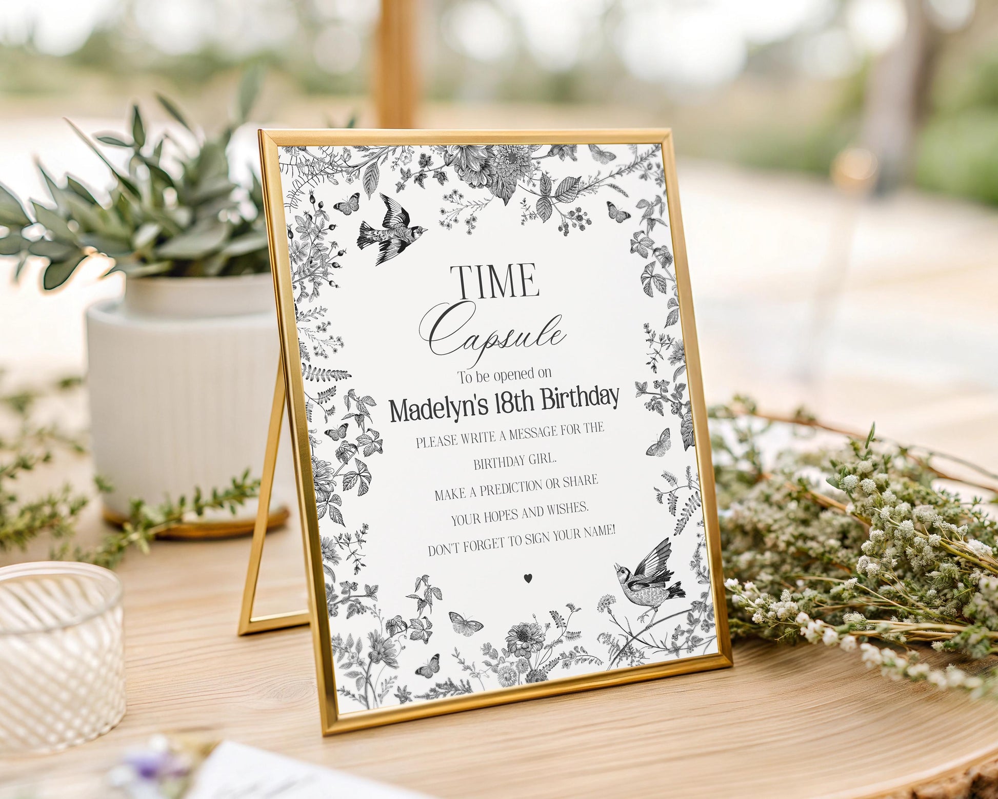 Black Toile De Jouy Time Capsule Printable Template, Black Chinoiserie First Birthday Party Decor, Wildflower Toile Birthday Memories WP1069