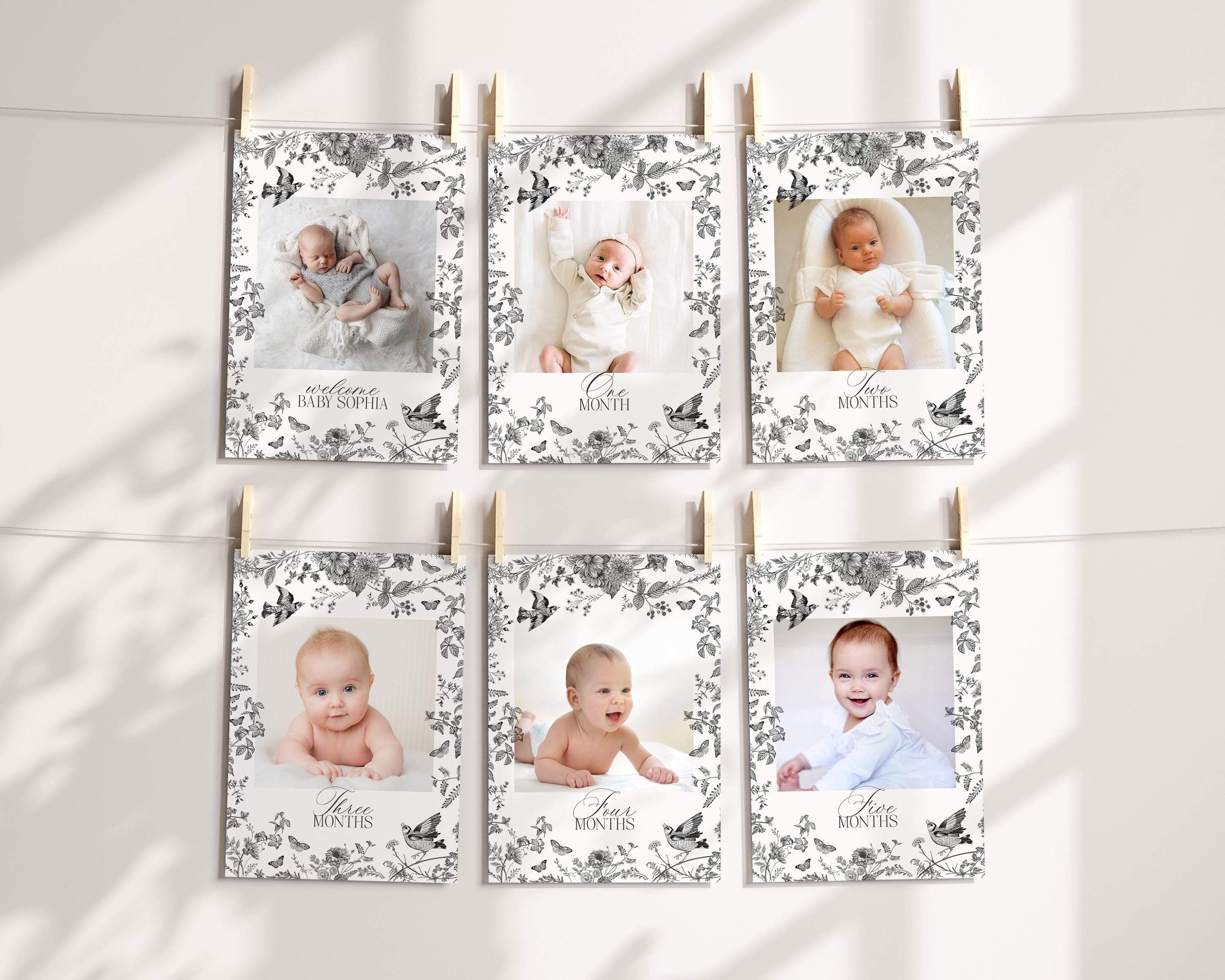 Black Toile De Jouy 1st Birthday Milestone Banner Template, Black Chinoiserie First Birthday Party Decor, Wildflower Toile Banner WP1069