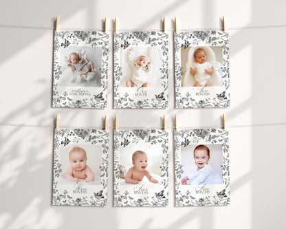 Black Toile De Jouy 1st Birthday Milestone Banner Template, Black Chinoiserie First Birthday Party Decor, Wildflower Toile Banner WP1069