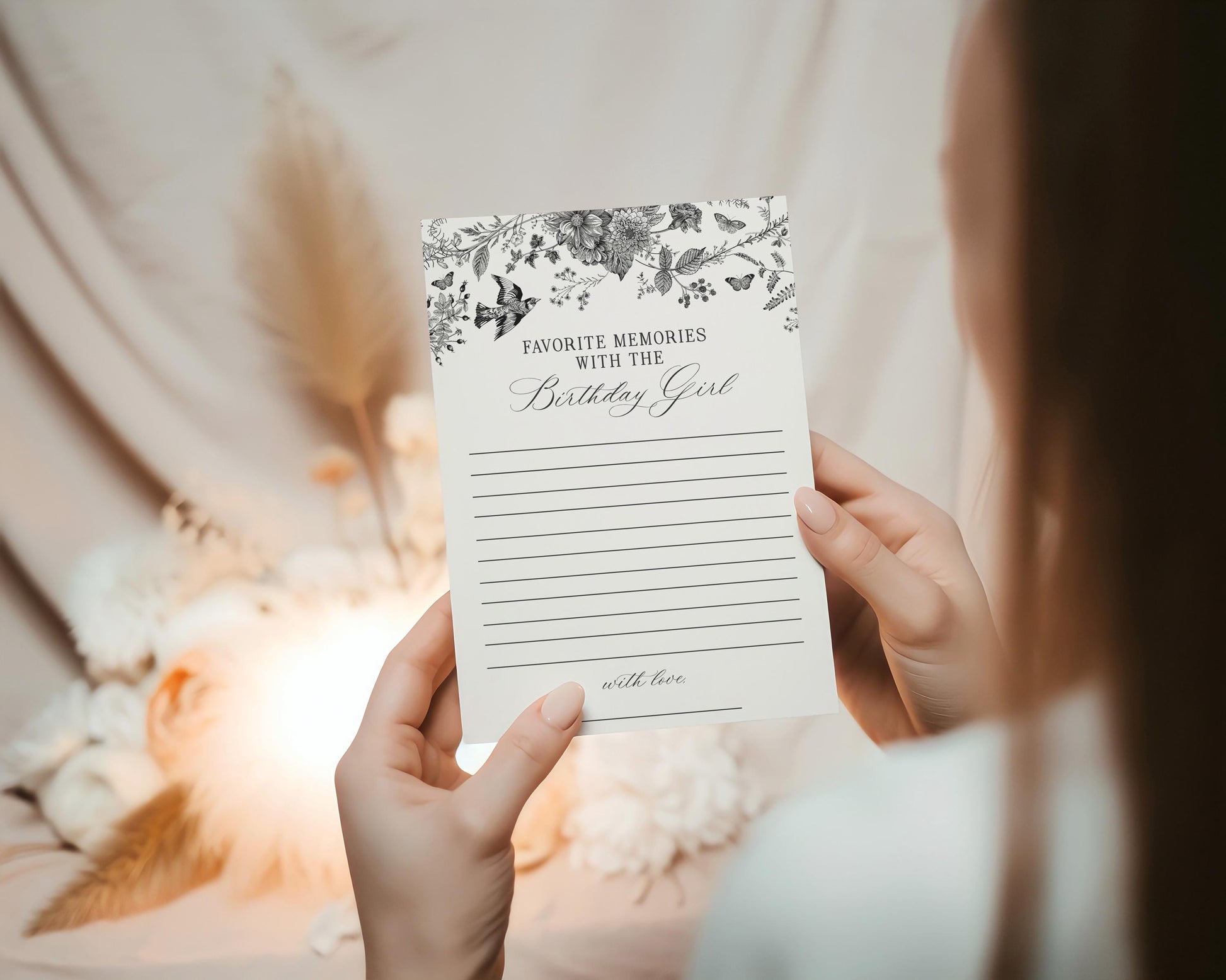 Black Toile De Jouy Favorite Memories with Birthday Girl Template, Black Chinoiserie Birthday Game, Wildflower Toile Letter Guestbook WP1069